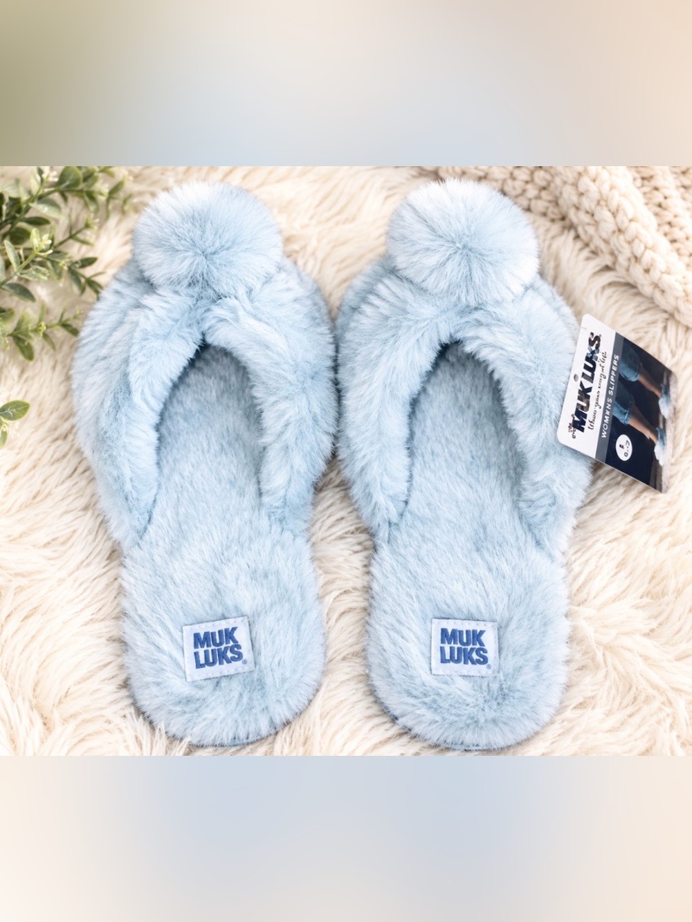 MUK LUKS Bardot Slide Slippers Light Blue Faux Fur Pom Pom NWT quality Sz Large
